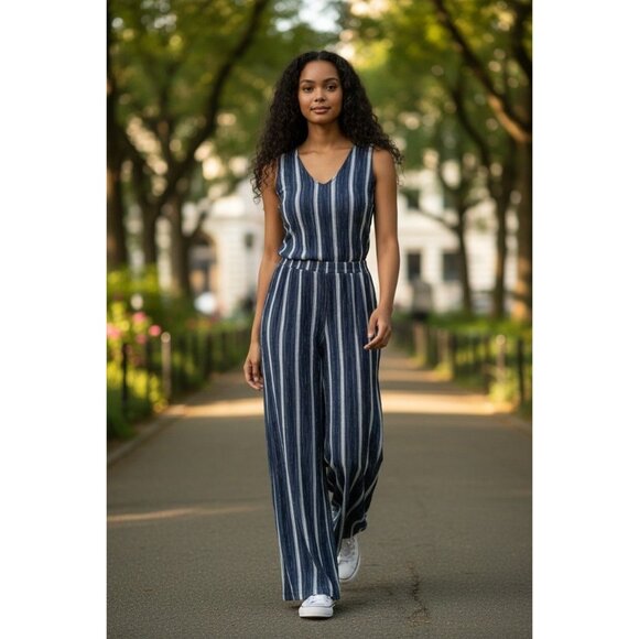 FX Fashions Pants - Vintage FX Fashions Jumpsuit Womens  Large Navy Stripe Wide Leg Tie Sleeveless